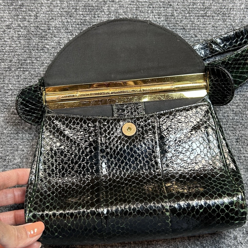 Vintage Dark Green Snake Lizard Skin Handbag with Clasp Closure By Alan Reptile - Picture 2 of 14